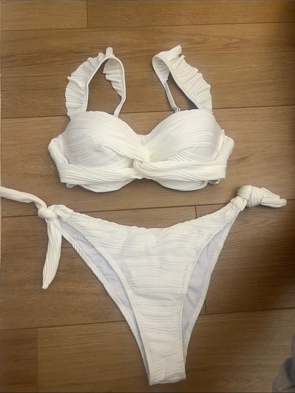 White Ruffled Twist Bikini Set - Women's Swim